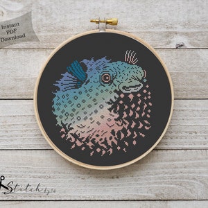 Pufferfish Fish Sea Life Counted Cross Stitch Pattern Printable PDF Chart Crafts DMC Needlework Cross-Stitch Instant Download