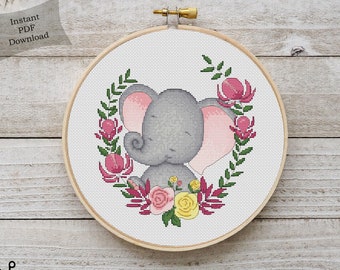 Patrón de punto de cruz contado de elefante Tabla PDF imprimible Bordado de elefante bebé