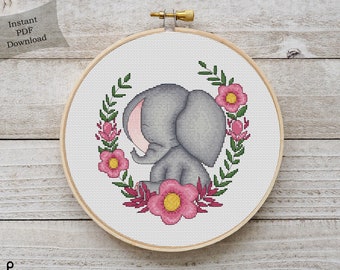 Patrón de punto de cruz contado de elefante Tabla PDF imprimible Bordado de elefante bebé