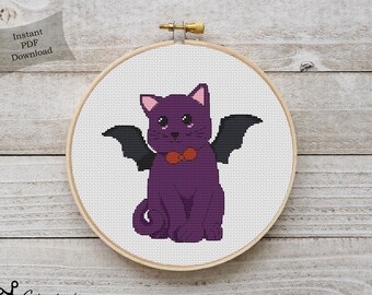 Gato Halloween contado patrón de punto de cruz imprimible PDF gráfico artesanías DMC costura punto de cruz Descarga instantánea