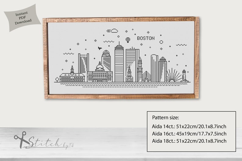 May include: A black and white line art illustration of the Boston skyline. The illustration includes the city's most iconic buildings, including the State House, the Custom House Tower, and the Prudential Tower. The text "BOSTON" is included in the image. The image is framed in a light brown wood frame.