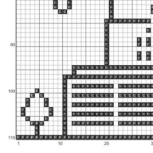 May include: Black and white pixel art design of a building with a large window and a smaller window on the side. The building is surrounded by a grid of squares.