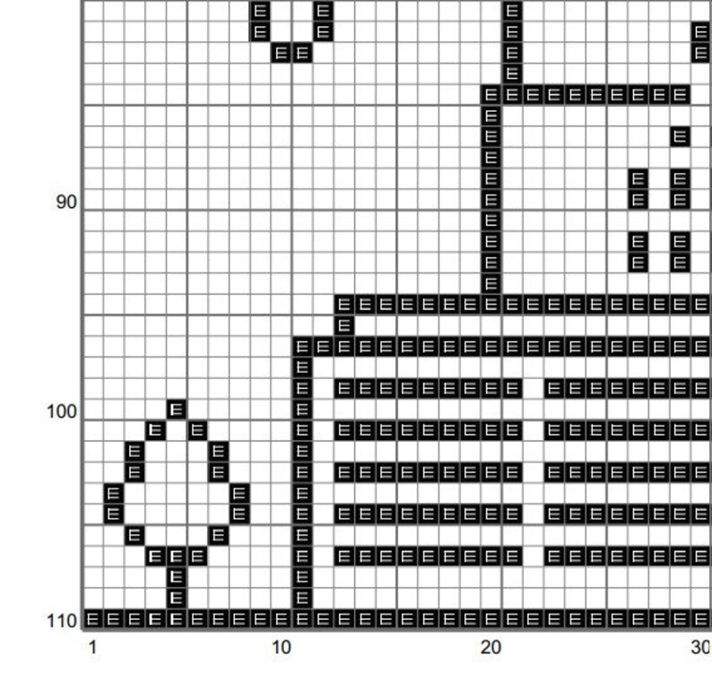 May include: Black and white pixel art design of a building with a large window and a smaller window on the side. The building is surrounded by a grid of squares.