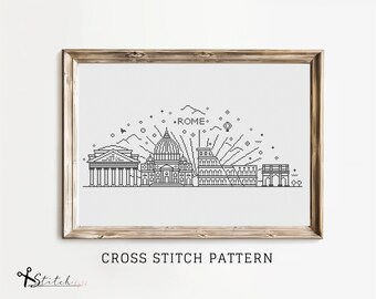 Patrón de horizonte de la ciudad de Roma de punto de cruz / Gráfico PDF imprimible / Descarga instantánea / Patrón de punto de cruz de silueta de Roma / Bordado de Roma