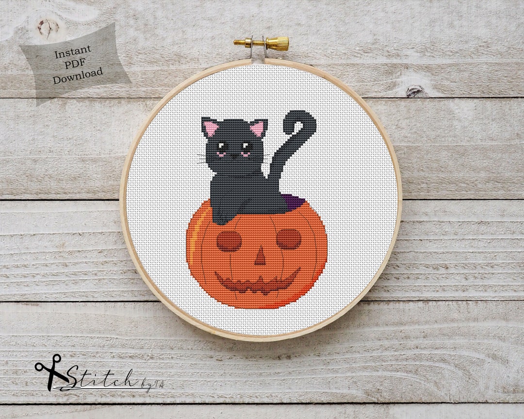 Halloween Cat in a Pumpkin Counted Cross Stitch Pattern Printable PDF ...