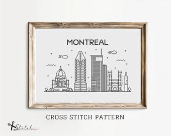 May include: Black and white line art cross stitch pattern of the Montreal skyline, featuring the city's iconic buildings, including the Notre-Dame Basilica and the Olympic Stadium. The pattern includes the text "MONTREAL" and "CROSS STITCH PATTERN".