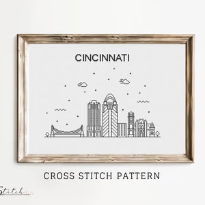 Könnte beinhalten: Ein schwarz-weißes Kreuzstichmuster, das die Skyline von Cincinnati darstellt. Das Muster zeigt die berühmten Gebäude der Stadt, darunter den Carew Tower, das Great American Ball Park und die Roebling-Hängebrücke. Das Muster trägt den Titel "Cincinnati Cross Stitch Pattern".