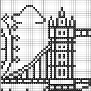 May include: Black and white pixel art design of a building with a tall tower and a smaller building next to it. The design is made up of small squares.