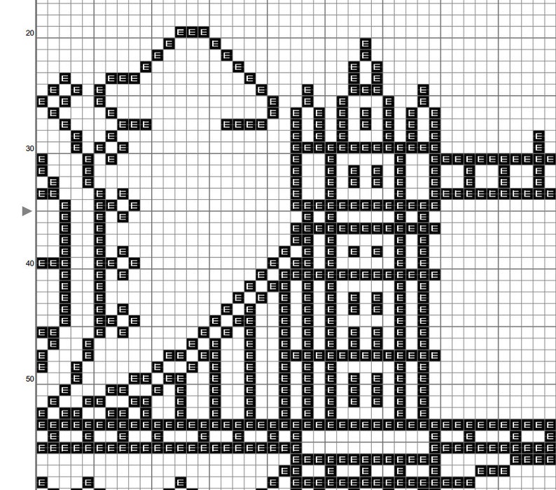 May include: Black and white pixel art design of a building with a tall tower and a smaller building next to it. The design is made up of small squares.