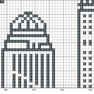 May include: Black and white pixel art design of a robot with a dome-shaped head and a rectangular body. The robot is standing on a grid.