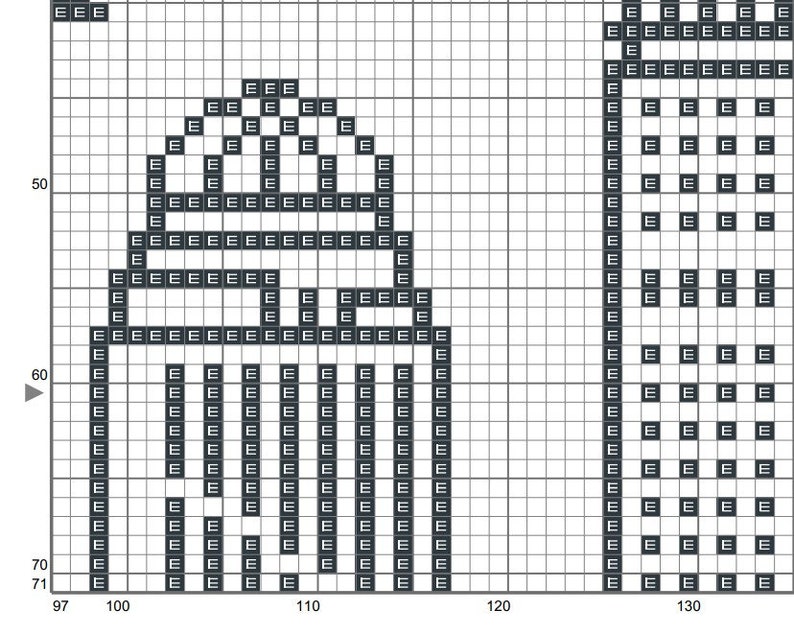 May include: Black and white pixel art design of a robot with a dome-shaped head and a rectangular body. The robot is standing on a grid.