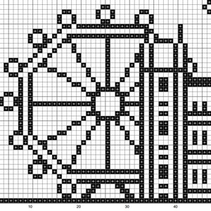 May include: Black and white geometric pattern with a square design. The pattern is made up of small squares and lines.