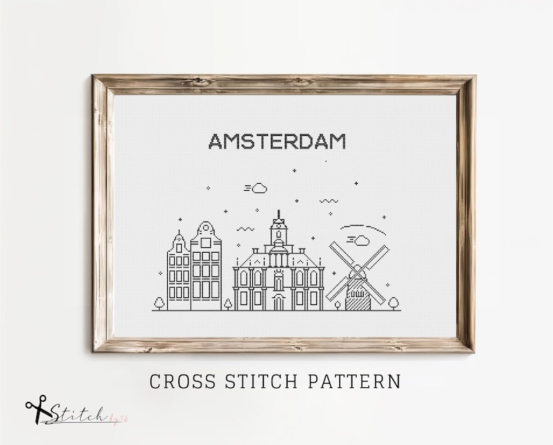 May include: Black and white line art cross stitch pattern of the Amsterdam skyline, featuring a windmill, buildings, and the text "AMSTERDAM" and "CROSS STITCH PATTERN".