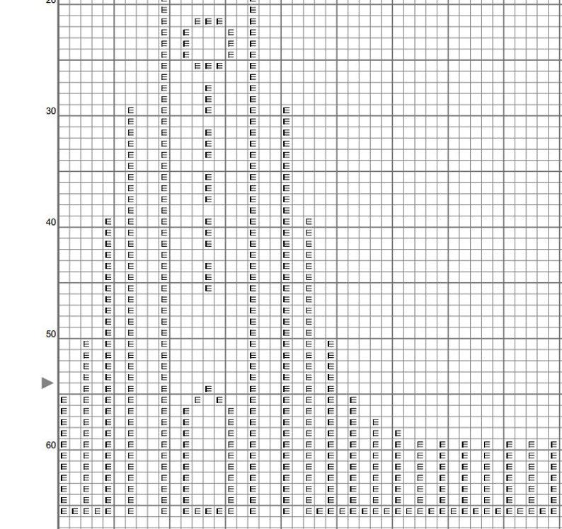 K&ouml;nnte beinhalten: Ein schwarz-wei&szlig;es Kreuzstichmuster mit einem Design eines stilisierten Baumes mit einem Vogel, der auf einem Ast sitzt. Das Muster befindet sich auf einem Gitter mit dem Buchstaben "E" in jedem Quadrat.