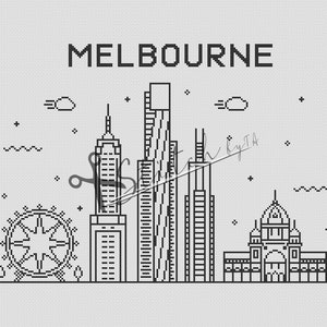 May include: Black and white line art illustration of the Melbourne skyline, featuring iconic buildings like the Eureka Tower, the Melbourne Star Observation Wheel, and the Royal Exhibition Building. The text "MELBOURNE" is at the top of the image.