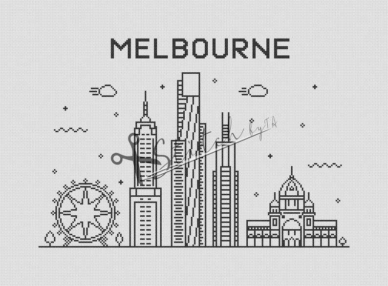 May include: Black and white line art illustration of the Melbourne skyline, featuring iconic buildings like the Eureka Tower, the Melbourne Star Observation Wheel, and the Royal Exhibition Building. The text "MELBOURNE" is at the top of the image.