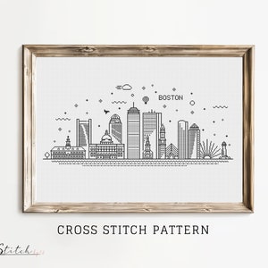 May include: Black and white line art cross stitch pattern of the Boston skyline. The pattern includes the city's iconic buildings, including the State House, the Custom House Tower, and the John Hancock Tower. The pattern also includes a small aeroplane, a hot air balloon, and a lighthouse. The text "BOSTON" is included in the pattern.