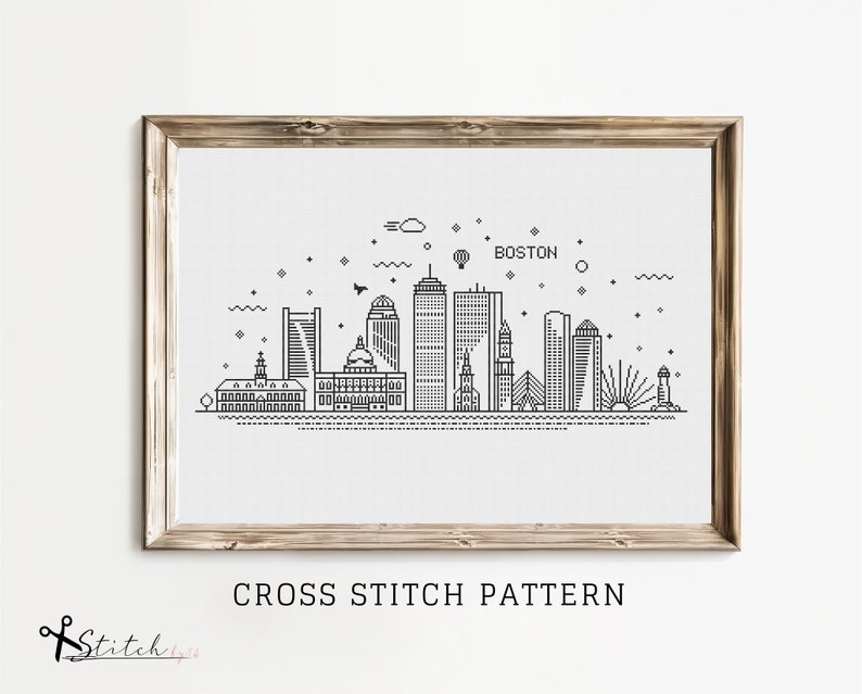 May include: Black and white line art cross stitch pattern of the Boston skyline. The pattern includes the city's iconic buildings, including the State House, the Custom House Tower, and the John Hancock Tower. The pattern also includes a small aeroplane, a hot air balloon, and a lighthouse. The text "BOSTON" is included in the pattern.