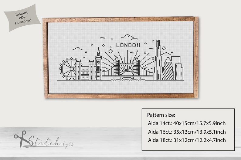 May include: Black and white line art cross stitch pattern of the London skyline, including the London Eye, Big Ben, Tower Bridge, and The Shard. The pattern is available in three sizes: 40x15cm (15.7x5.9 inches), 35x13cm (13.9x5.1 inches), and 31x12cm (12.2x4.7 inches).