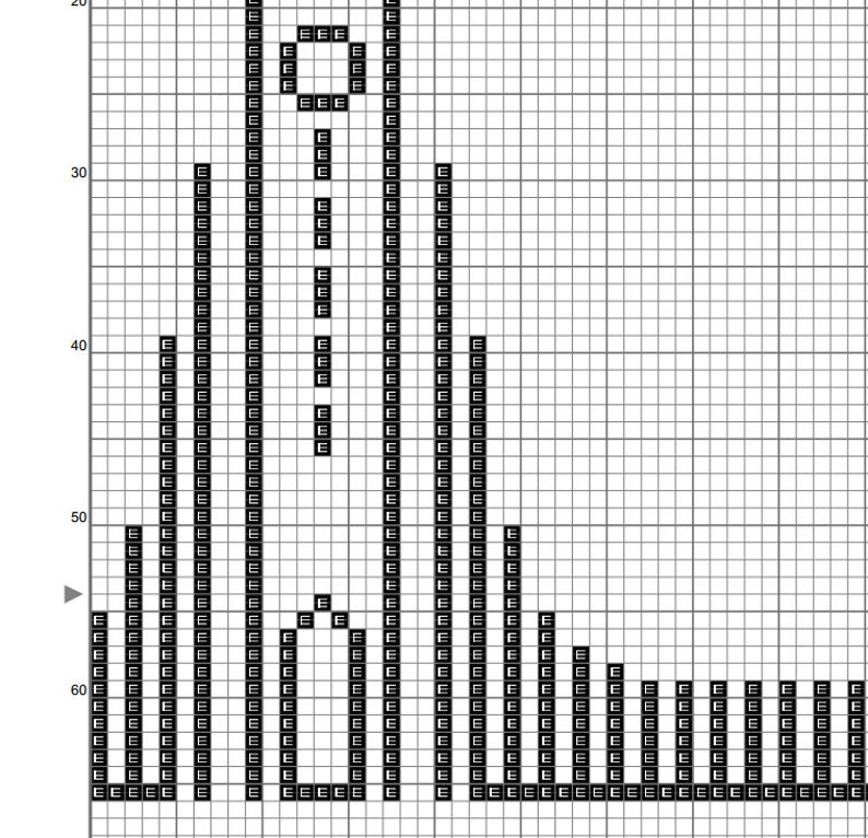 K&ouml;nnte beinhalten: Schwarzwei&szlig;es Pixel-Art-Design eines Geb&auml;udes mit einem hohen Turm und einem kleineren Geb&auml;ude daneben. Das Design besteht aus kleinen Quadraten.