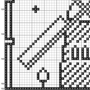 May include: Black and white pixel art design featuring a geometric pattern with a repeating motif. The design is made up of small squares arranged in a grid.