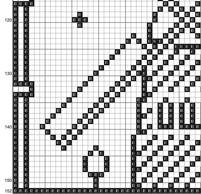 May include: Black and white pixel art design featuring a geometric pattern with a repeating motif. The design is made up of small squares arranged in a grid.