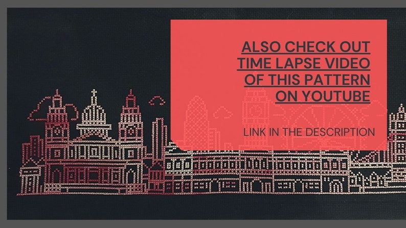 May include: A cross-stitch pattern of a city skyline with buildings and a church. The text "ALSO CHECK OUT TIME LAPSE VIDEO OF THIS PATTERN ON YOUTUBE LINK IN THE DESCRIPTION" is on a red background.