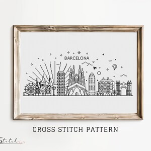 Puede incluir: Patrón de punto de cruz en blanco y negro del horizonte de Barcelona, con monumentos emblemáticos como la Sagrada Familia y el Arco de Triunfo. El patrón incluye el texto "BARCELONA" en la parte superior.