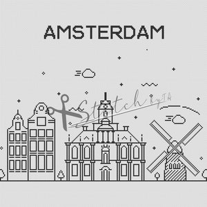 May include: Black and white line art illustration of the Amsterdam skyline, featuring buildings, a windmill, and the text "AMSTERDAM".