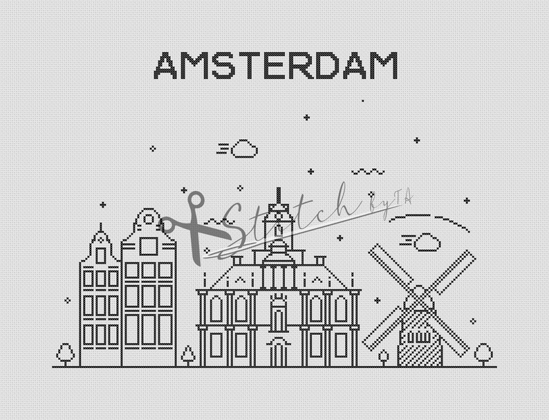 May include: Black and white line art illustration of the Amsterdam skyline, featuring buildings, a windmill, and the text "AMSTERDAM".