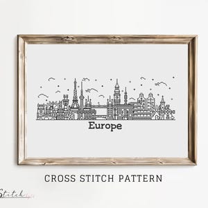 Europe Skyline Counted Cross Stitch Pattern Printable PDF Chart Crafts DMC Needlework Cross-Stitch Instant Download Embroidery