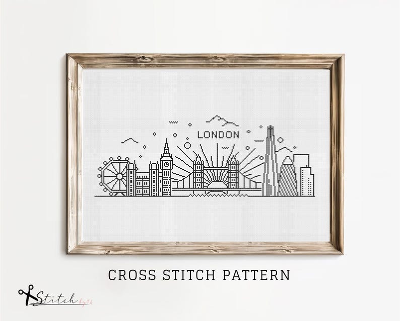 May include: Black and white line art cross stitch pattern of the London skyline, including Big Ben, the London Eye, Tower Bridge, and the Shard. The pattern includes the word "LONDON" at the top.