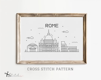 Patrón de horizonte de la ciudad de Roma de punto de cruz / Gráfico PDF imprimible / Descarga instantánea / Patrón de punto de cruz de silueta de Roma / Bordado de Roma