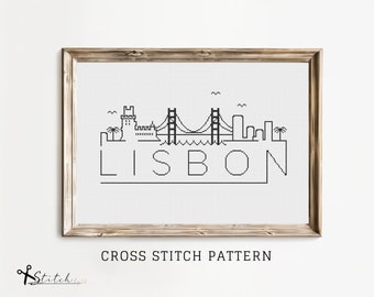Cross Stitch Lisbon Skyline|Lisbon Silhouette cross stitch|Counted Cross Stitch Pattern Landscape|Printable PDF Chart|Instant PDF Download
