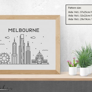 May include: A black and white line art illustration of the Melbourne skyline, including the Melbourne Star Observation Wheel, the Rialto Towers, and the Royal Exhibition Building. The image is framed and displayed on a shelf with potted plants.