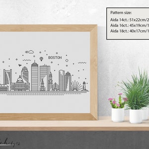 May include: A black and white line art illustration of the Boston skyline with the word "BOSTON" at the top. The illustration is framed in a light brown frame and is sitting on a wooden shelf with two potted plants.