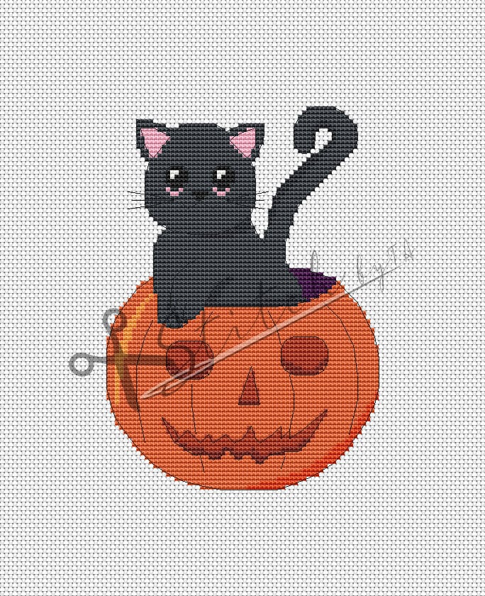 Halloween Cat in a Pumpkin Counted Cross Stitch Pattern Printable PDF ...