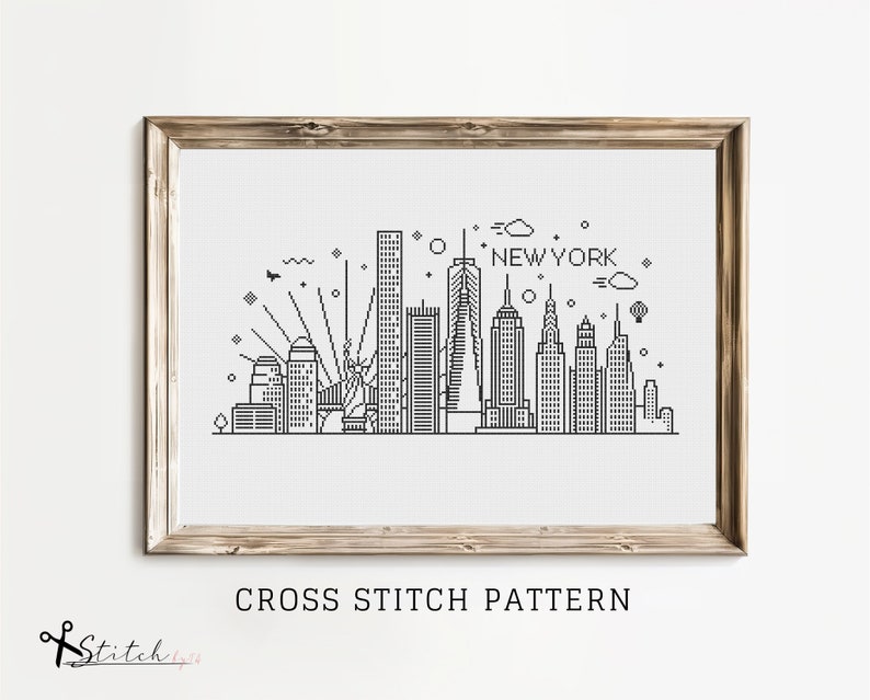 May include: Black and white cross stitch pattern of the New York City skyline, including the Empire State Building, the Chrysler Building, and the Statue of Liberty. The pattern includes the text "NEW YORK" above the skyline.