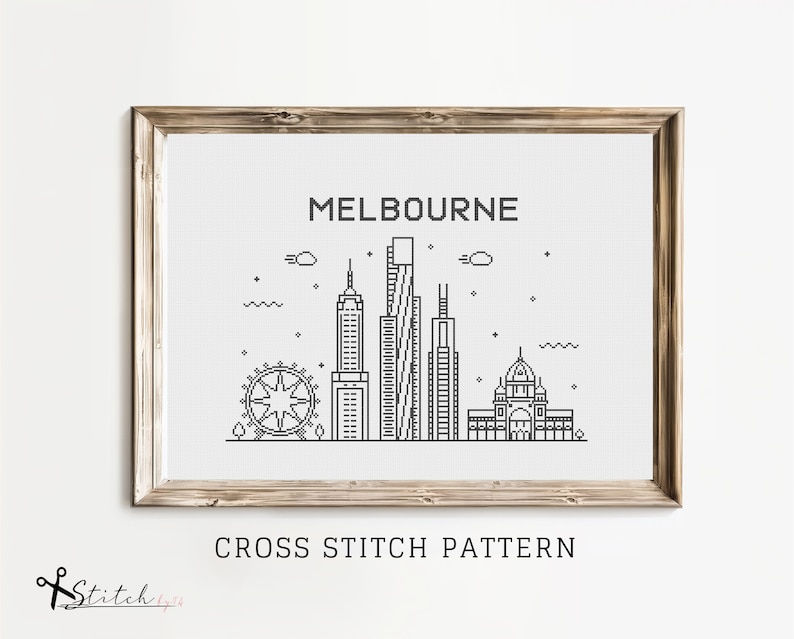 May include: Black and white line art cross stitch pattern of the Melbourne skyline, featuring the city's iconic buildings, including the Melbourne Star Observation Wheel and the Royal Exhibition Building. The pattern is titled "MELBOURNE CROSS STITCH PATTERN".