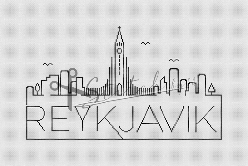 K&ouml;nnte beinhalten: Schwarz-wei&szlig;-Linienkunst-Illustration der Skyline von Reykjavik mit dem St&auml;dtenamen darunter. Die Skyline zeigt ein hohes Kirchengeb&auml;ude und mehrere andere Geb&auml;ude.