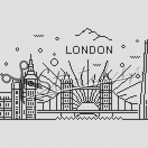 May include: Black and white line art illustration of the London skyline, including the London Eye, Big Ben, Tower Bridge, and The Shard. The text "LONDON" is written above the skyline.