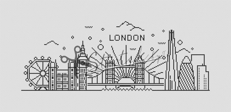 May include: Black and white line art illustration of the London skyline, including the London Eye, Big Ben, Tower Bridge, and The Shard. The text "LONDON" is written above the skyline.