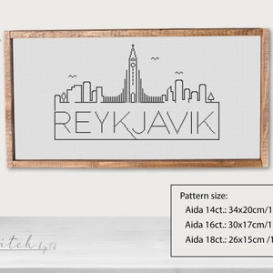 K&ouml;nnte beinhalten: Schwarzwei&szlig;es Linienkunst-Kreuzstichmuster der Skyline von Reykjavik, einschlie&szlig;lich der Hallgr&iacute;mskirkja-Kirche. Das Muster ist in drei Gr&ouml;&szlig;en erh&auml;ltlich: 34x20 cm, 30x17 cm und 26x15 cm.