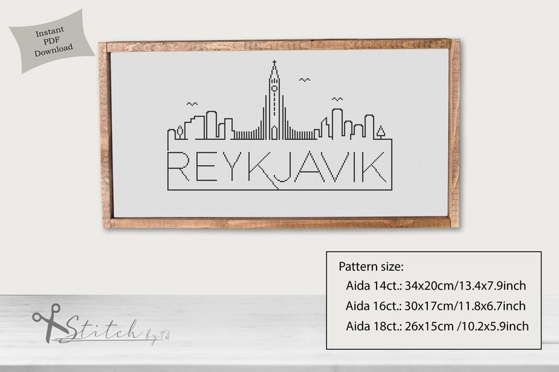 K&ouml;nnte beinhalten: Schwarzwei&szlig;es Linienkunst-Kreuzstichmuster der Skyline von Reykjavik, einschlie&szlig;lich der Hallgr&iacute;mskirkja-Kirche. Das Muster ist in drei Gr&ouml;&szlig;en erh&auml;ltlich: 34x20 cm, 30x17 cm und 26x15 cm.
