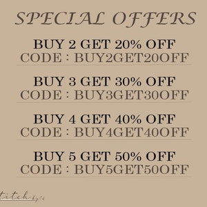 May include: A graphic with the text "SPECIAL OFFERS" and four discount codes for buying multiple items. The codes are BUY2GET20OFF, BUY3GET30OFF, BUY4GET40OFF, and BUY5GET50OFF.
