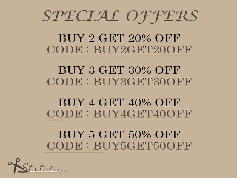 May include: A graphic with the text "SPECIAL OFFERS" and four discount codes for buying multiple items. The codes are BUY2GET20OFF, BUY3GET30OFF, BUY4GET40OFF, and BUY5GET50OFF.