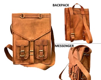 Leather Bag 2 in 1, Backpack and Messenger Bag. Laptop Bag 15 Inch, Book Bag, Cruelty Free. FREE and EXPRESS SHIPPING Available