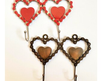 Metal Wall Hooks Heart Shaped, Recycled Bicycle Chain Entryway Coat Hooks, Wall Hooks, Decorative Hook, Wall Decor - FREE SHIPPING