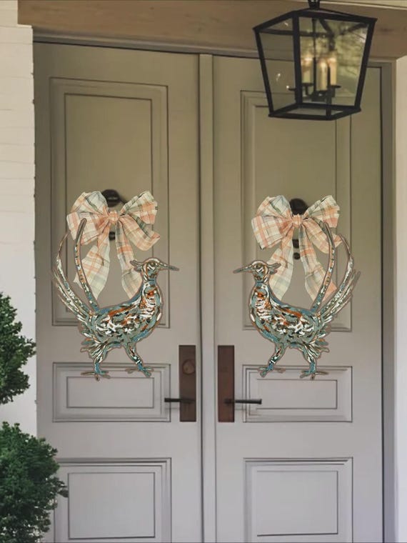 Pair of Pleasant Pheasants Door Hangers (hangers have built in PVC gingham aesthetic bow motif)