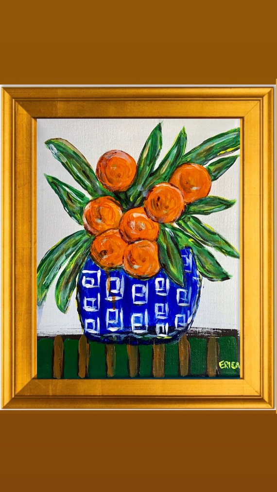 Large Oranges in Ginger Jar Art Print Framed in Gold Leaf Frame